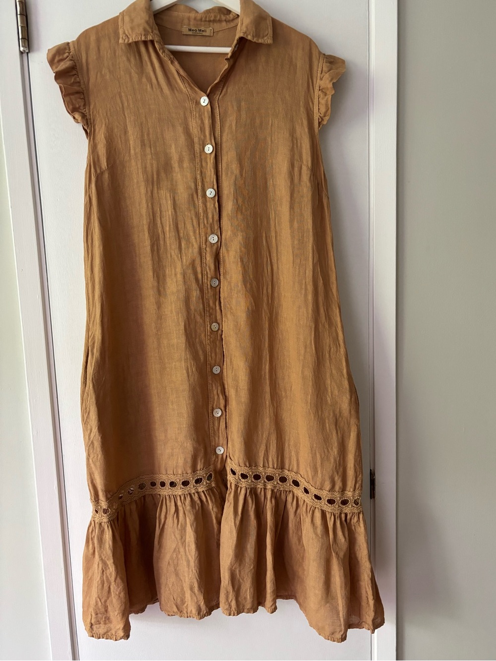 Meo Meli Italian Linen Dress M/L Camel Button Front Eyelet Trim Lagenlook Boho - Picture 3 of 10